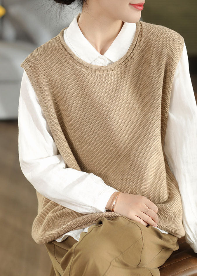 Plus Size Beige O-Neck Oversized Knit Vests Fall