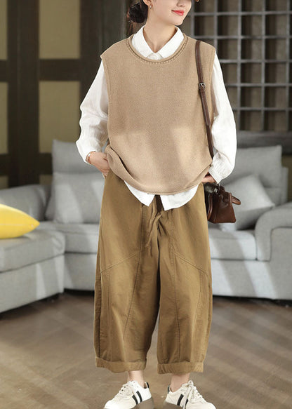 Plus Size Beige O-Neck Oversized Knit Vests Fall