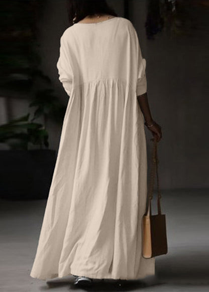 Plus Size Beige O Neck Patchwork Cotton Ankle Dress Spring