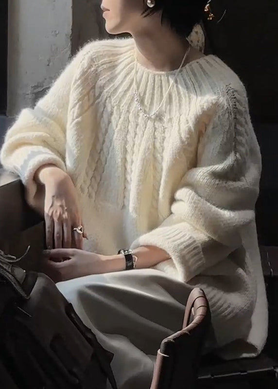 Plus Size Beige O Neck Thick Cozy Cable Knit Sweater Winter