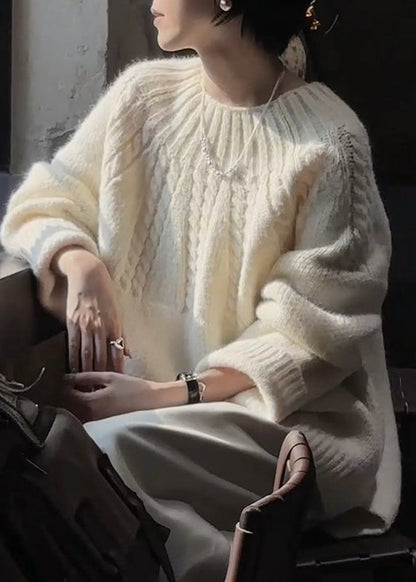 Plus Size Beige O Neck Thick Cozy Cable Knit Sweater Winter