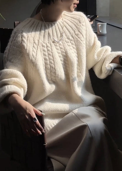 Plus Size Beige O Neck Thick Cozy Cable Knit Sweater Winter