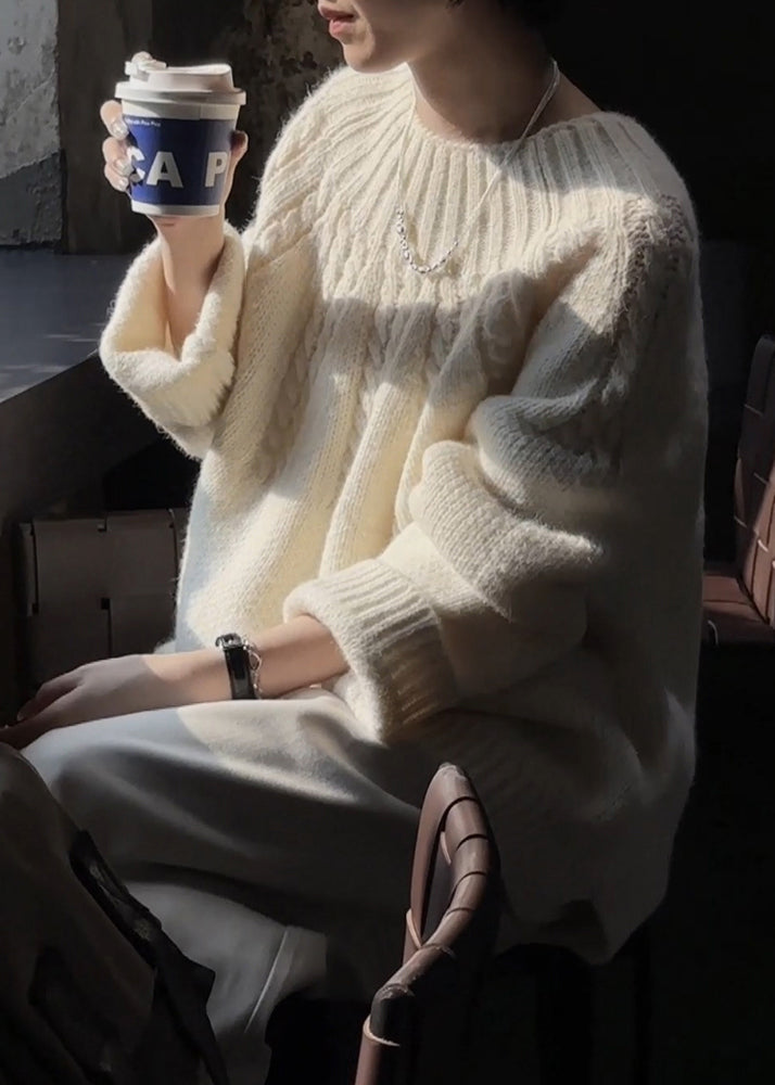 Plus Size Beige O Neck Thick Cozy Cable Knit Sweater Winter
