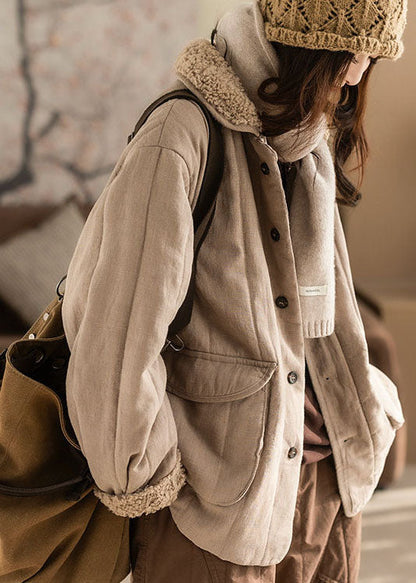 Plus Size Beige Oversized Pockets Fine Cotton Filled Coat Winter