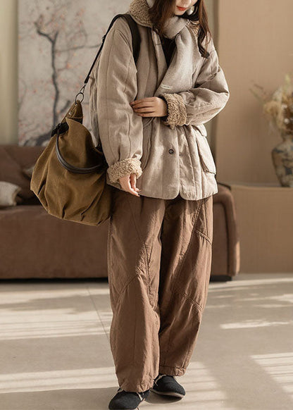 Plus Size Beige Oversized Pockets Fine Cotton Filled Coat Winter