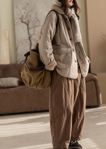 Plus Size Beige Oversized Pockets Fine Cotton Filled Coat Winter