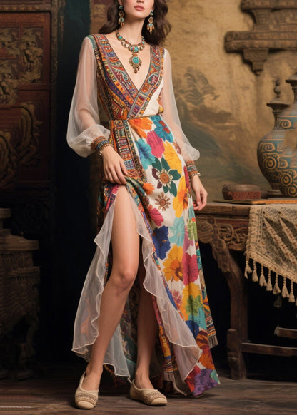 Plus Size Beige Print Patchwork Tulle Robe Dresses Summer