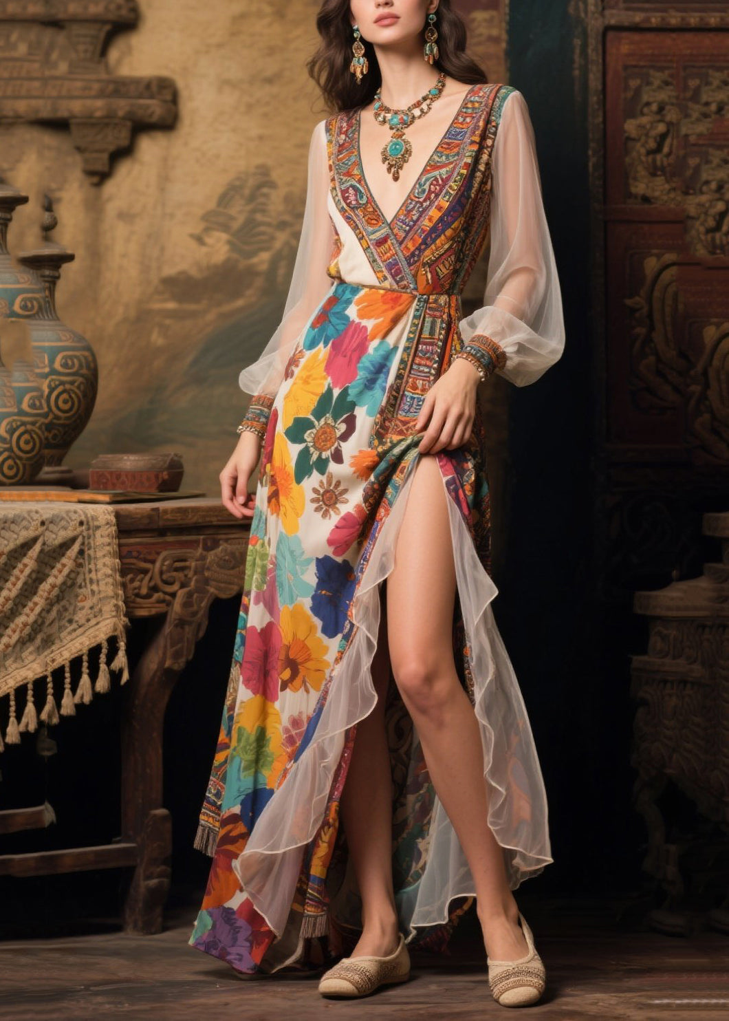 Plus Size Beige Print Patchwork Tulle Robe Dresses Summer