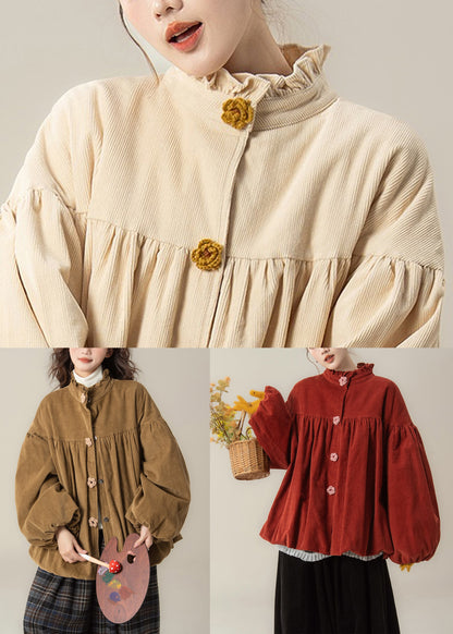 Plus Size Beige Ruffled Solid Corduroy Cotton Filled Parkas Winter