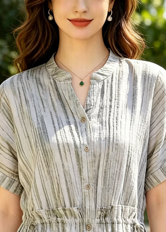Plus Size Beige Ruffled Striped Cotton Blouse Tops Summer