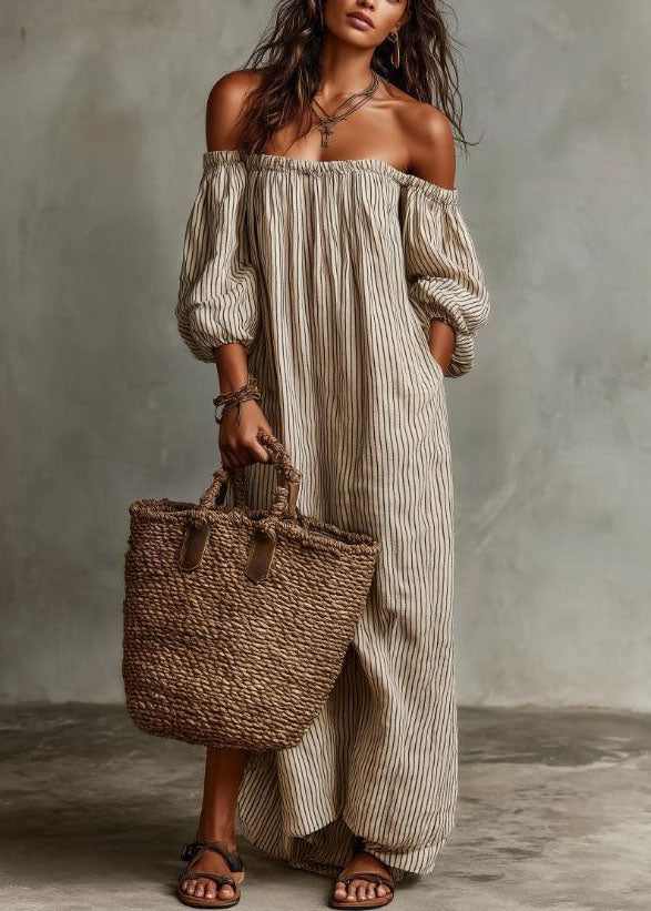 Plus Size Beige Slash Neck Striped Cotton Ankle Dress Summer