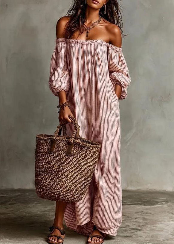 Plus Size Beige Slash Neck Striped Cotton Ankle Dress Summer