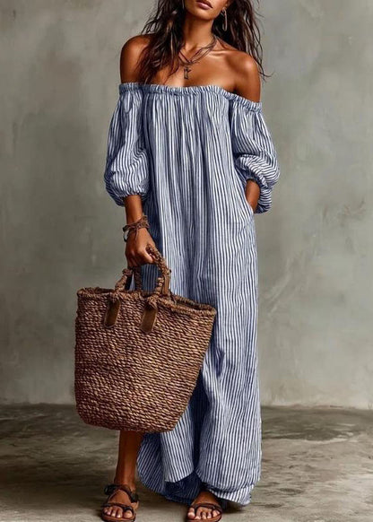 Plus Size Beige Slash Neck Striped Cotton Ankle Dress Summer