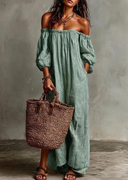 Plus Size Beige Slash Neck Striped Cotton Ankle Dress Summer