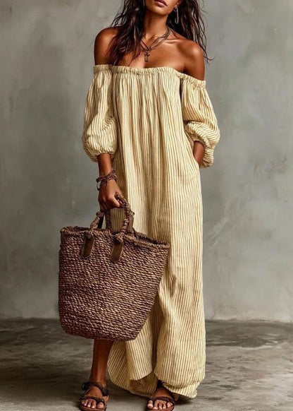 Plus Size Beige Slash Neck Striped Cotton Ankle Dress Summer