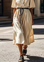 Plus Size Beige V Neck Tie Waist Patchwork Cotton Dress Summer