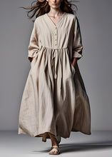 Load image into Gallery viewer, Plus Size Beige V Neck Wrinkled Patchwork Cotton Dresses Long Sleeve