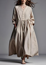 Load image into Gallery viewer, Plus Size Beige V Neck Wrinkled Patchwork Cotton Dresses Long Sleeve