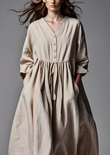 Load image into Gallery viewer, Plus Size Beige V Neck Wrinkled Patchwork Cotton Dresses Long Sleeve