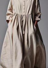 Load image into Gallery viewer, Plus Size Beige V Neck Wrinkled Patchwork Cotton Dresses Long Sleeve