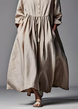 Load image into Gallery viewer, Plus Size Beige V Neck Wrinkled Patchwork Cotton Dresses Long Sleeve