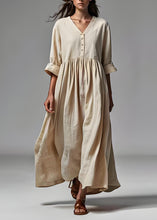 Load image into Gallery viewer, Plus Size Beige V Neck Wrinkled Patchwork Cotton Dresses Summer
