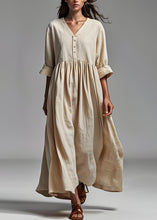 Load image into Gallery viewer, Plus Size Beige V Neck Wrinkled Patchwork Cotton Dresses Summer