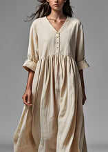 Load image into Gallery viewer, Plus Size Beige V Neck Wrinkled Patchwork Cotton Dresses Summer