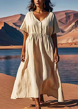 Load image into Gallery viewer, Plus Size Beige V Neck Wrinkled Patchwork Linen Dress Summer