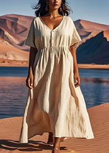 Load image into Gallery viewer, Plus Size Beige V Neck Wrinkled Patchwork Linen Dress Summer