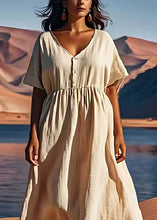 Load image into Gallery viewer, Plus Size Beige V Neck Wrinkled Patchwork Linen Dress Summer