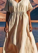 Load image into Gallery viewer, Plus Size Beige V Neck Wrinkled Patchwork Linen Dress Summer
