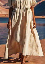 Load image into Gallery viewer, Plus Size Beige V Neck Wrinkled Patchwork Linen Dress Summer