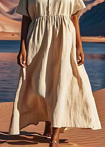 Plus Size Beige V Neck Wrinkled Patchwork Linen Dress Summer