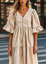 Load image into Gallery viewer, Plus Size Beige V Neck Wrinkled Patchwork Linen Dresses Summer