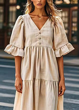 Load image into Gallery viewer, Plus Size Beige V Neck Wrinkled Patchwork Linen Dresses Summer