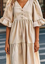 Load image into Gallery viewer, Plus Size Beige V Neck Wrinkled Patchwork Linen Dresses Summer