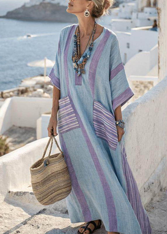Plus Size Blach Pink Striped Pockets Patchwork Long Dresses Short Sleeve