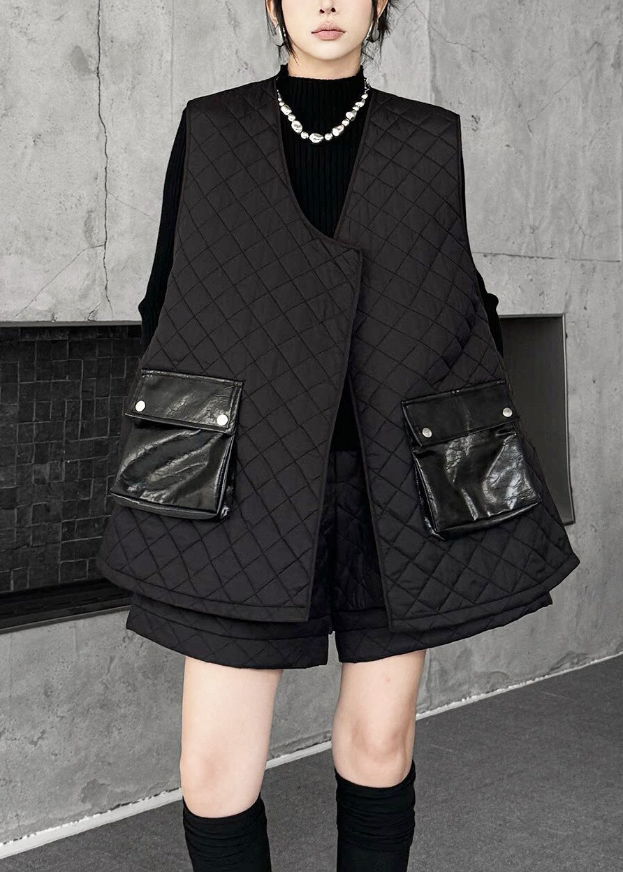 Plus Size Black Asymmetrical Patchwork Pockets Fine Cotton Filled Two Piece Suit Set Winter
