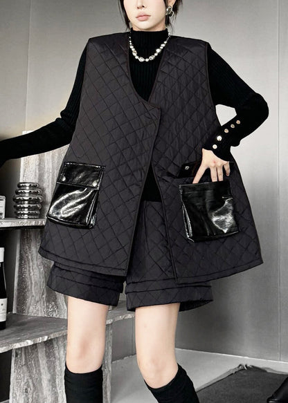 Plus Size Black Asymmetrical Patchwork Pockets Fine Cotton Filled Two Piece Suit Set Winter