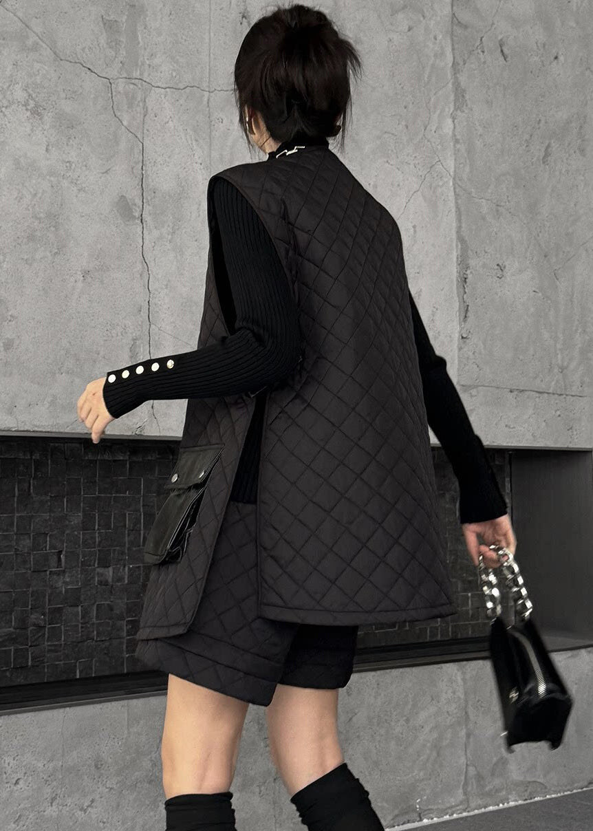 Plus Size Black Asymmetrical Patchwork Pockets Fine Cotton Filled Two Piece Suit Set Winter
