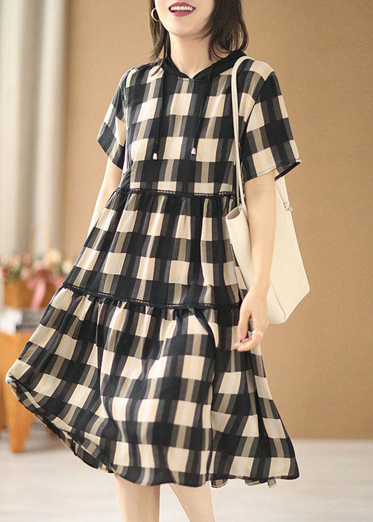 Plus Size Black Beige Plaid Drawstring Hooded Patchwork Cotton Pullover Dress Short Sleeve