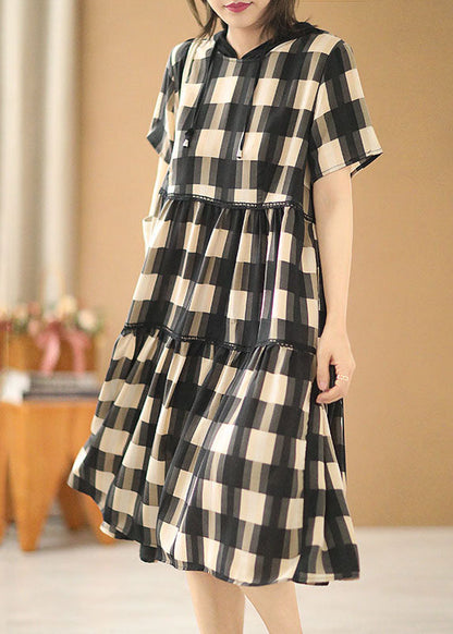 Plus Size Black Beige Plaid Drawstring Hooded Patchwork Cotton Pullover Dress Short Sleeve