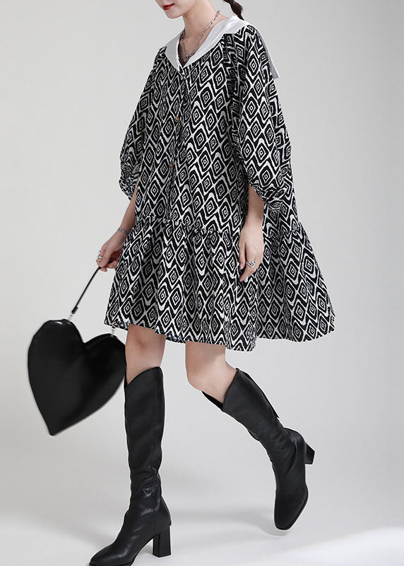 Plus Size Black Button Patchwork asymmetrical design Puff Sleeve Fall Dresses