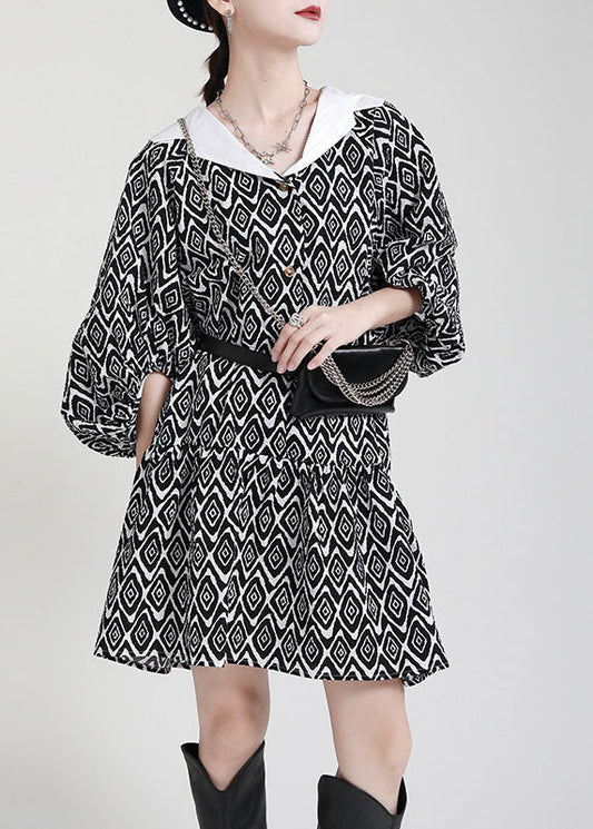 Plus Size Black Button Patchwork asymmetrical design Puff Sleeve Fall Dresses
