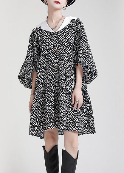 Plus Size Black Button Patchwork asymmetrical design Puff Sleeve Fall Dresses