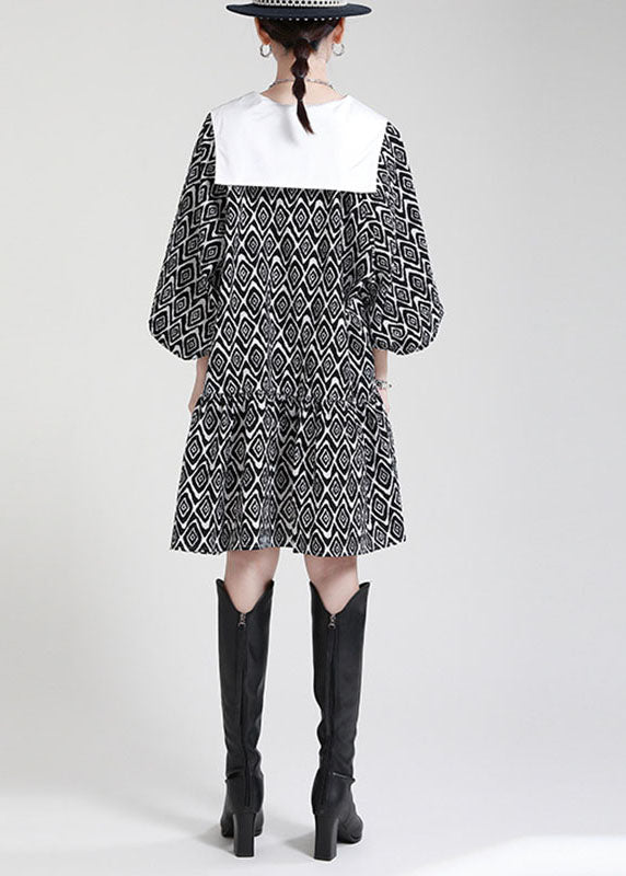 Plus Size Black Button Patchwork asymmetrical design Puff Sleeve Fall Dresses