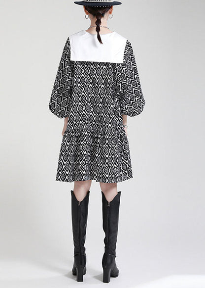Plus Size Black Button Patchwork asymmetrical design Puff Sleeve Fall Dresses
