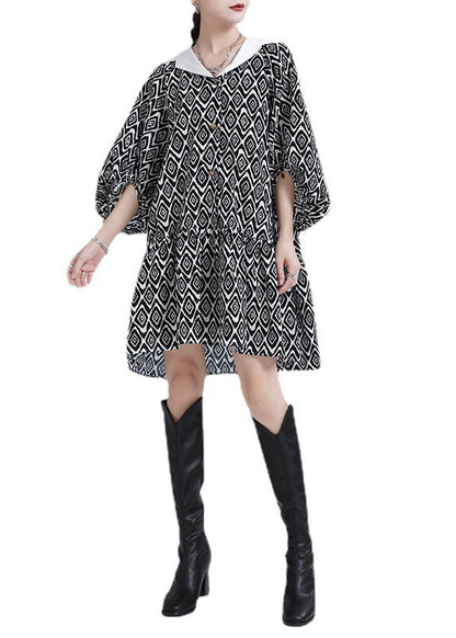 Plus Size Black Button Patchwork asymmetrical design Puff Sleeve Fall Dresses