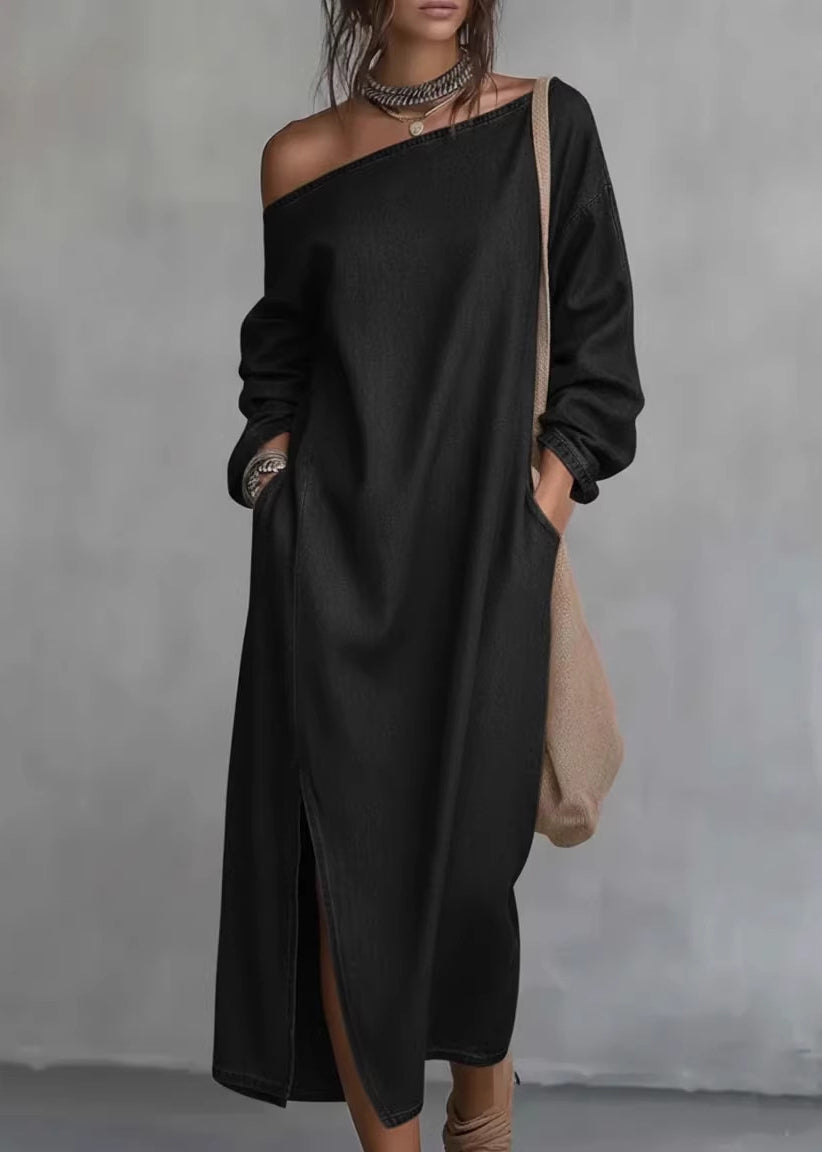 Plus Size Black Cold Shoulder Side Open Cotton Dress Long Sleeve